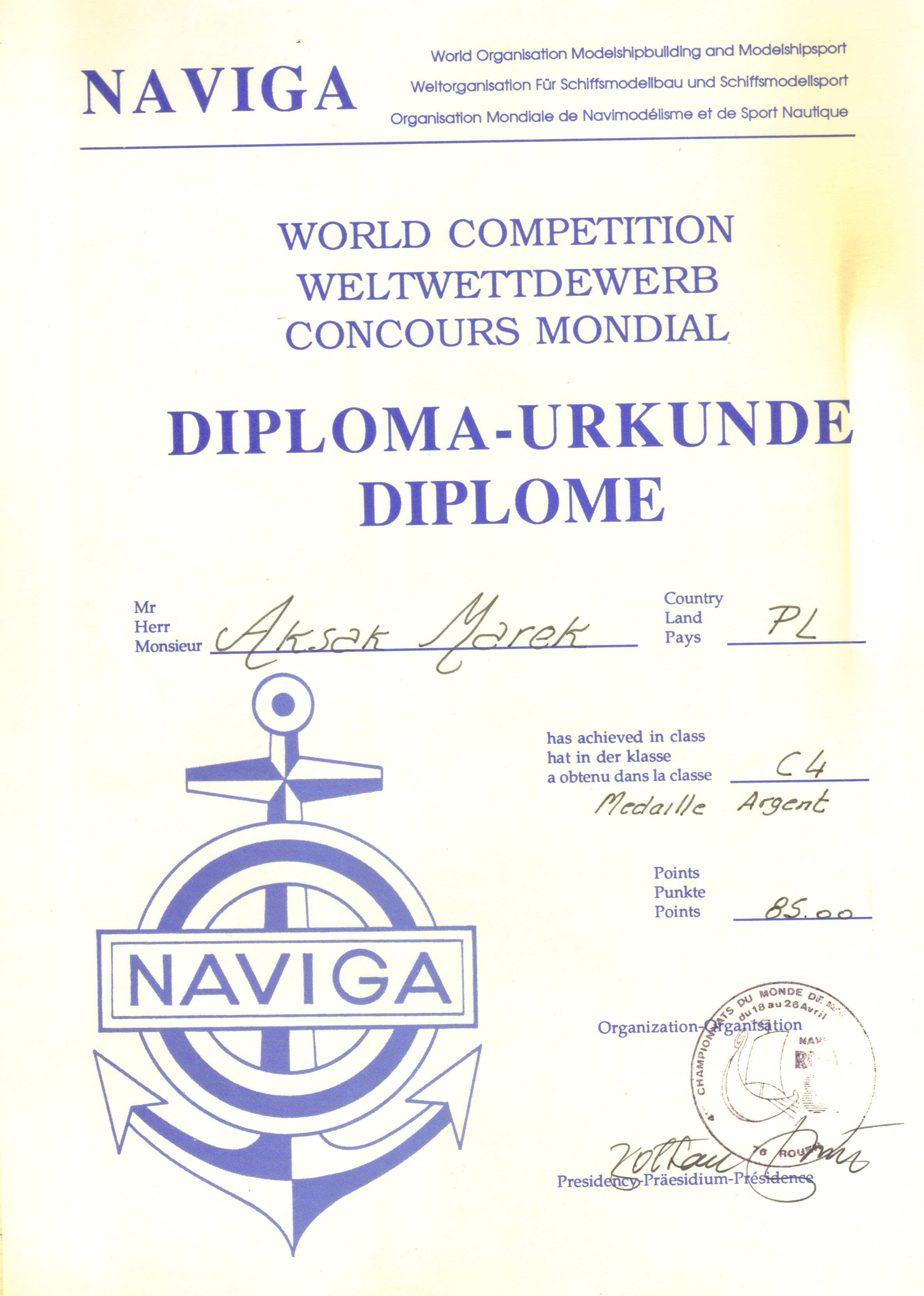 Dyplom 19 Rouen 1987 Srebro